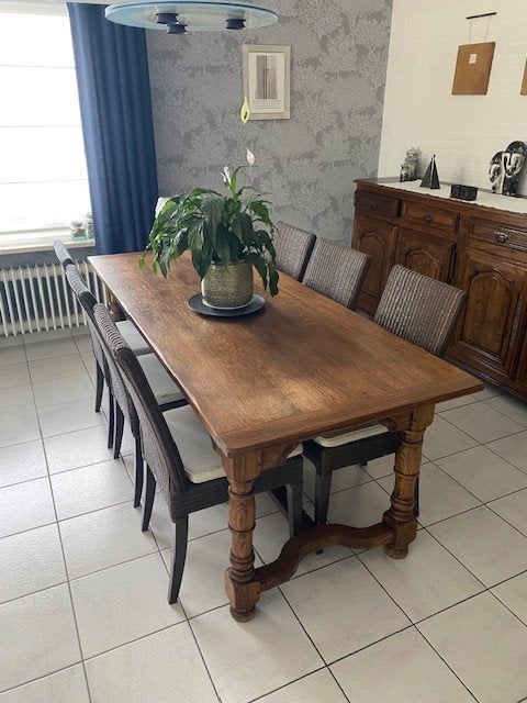 massief eiken eetkamertafel met zes stoelen, Ophalen, Klassiek, Eikenhout, 200 cm of meer