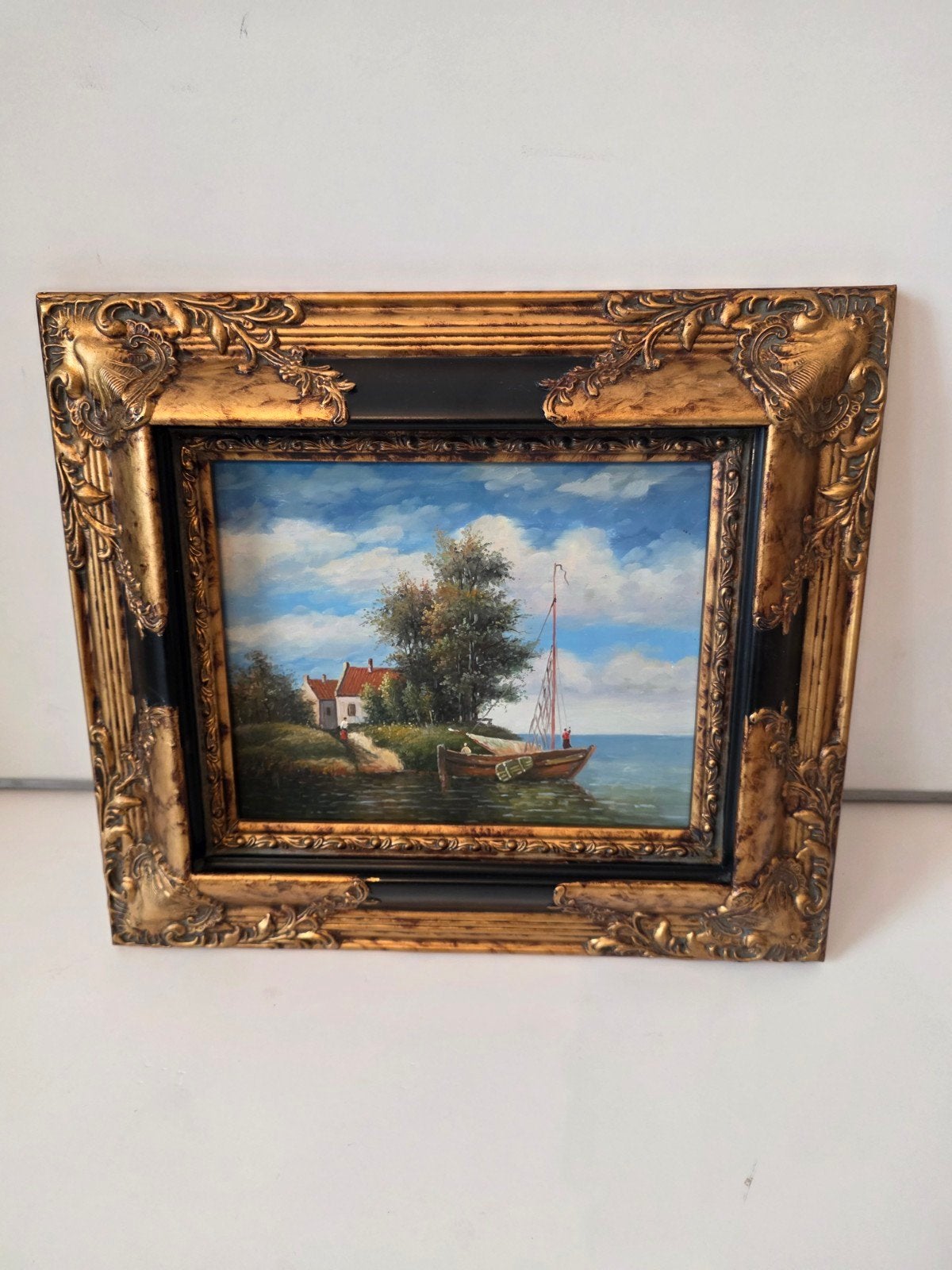 Sfeervol Maritiem Kustlandschap met Vissersboot – Olieverf i, Enlèvement, Classique, Encadré, Peinture à l'huile