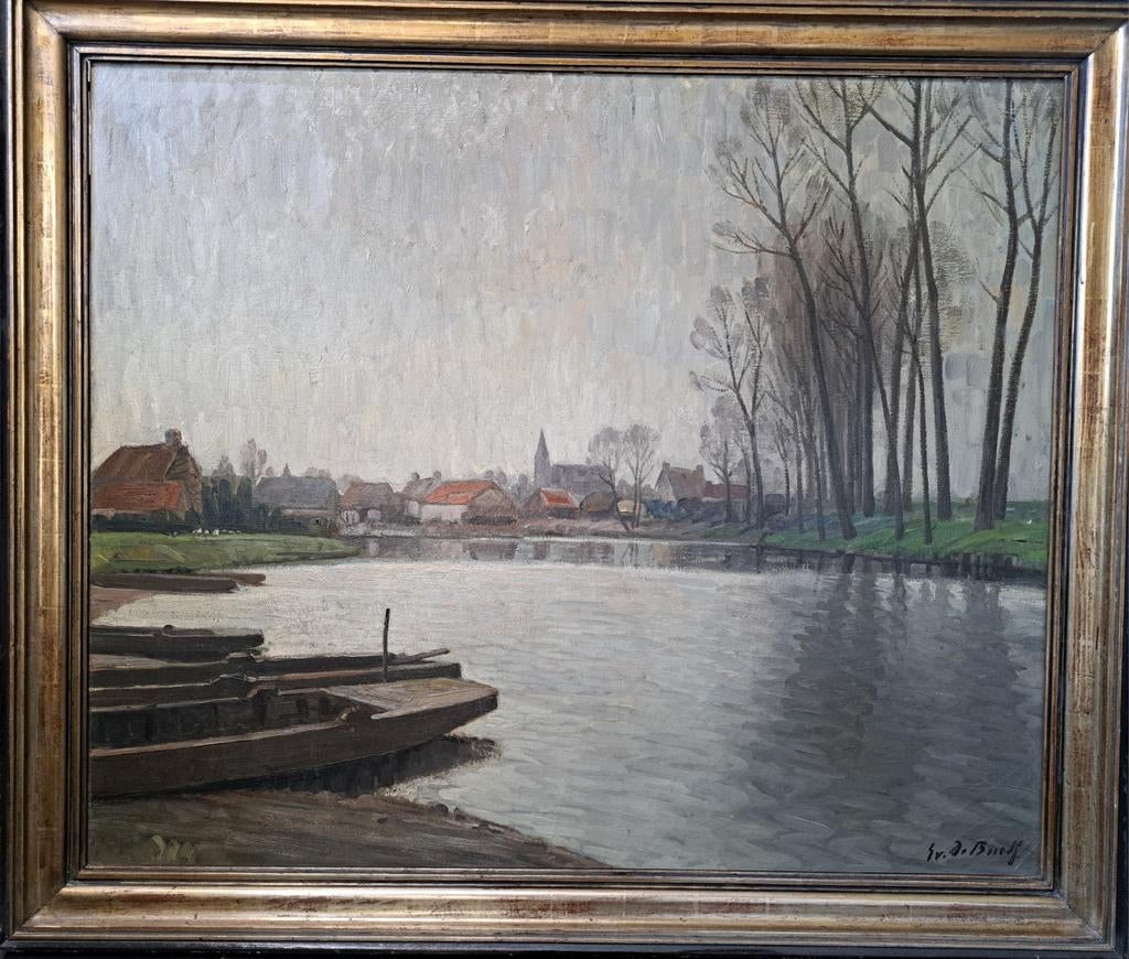 DE BUCK Evarist "Sloepen in de Leiebocht" groot schilderij, Antiek en Kunst, Ophalen