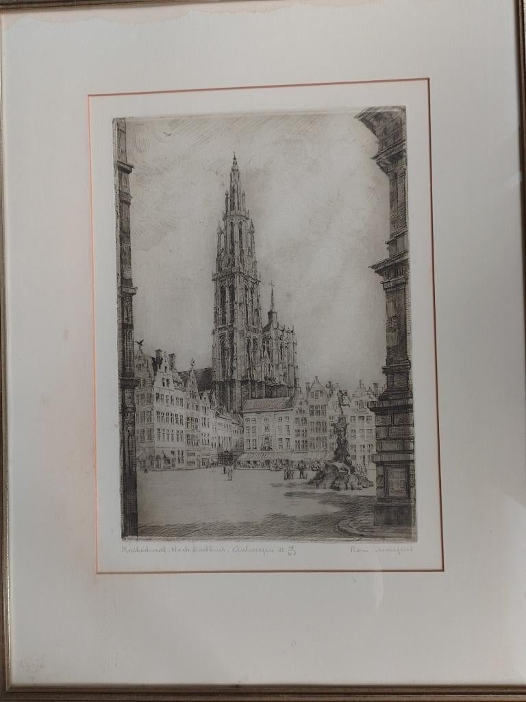 Romain Malfliet  1910 - 2006   Ets Grote Markt + Kathedraal, Antiek en Kunst, Kunst | Etsen en Gravures, Verzenden