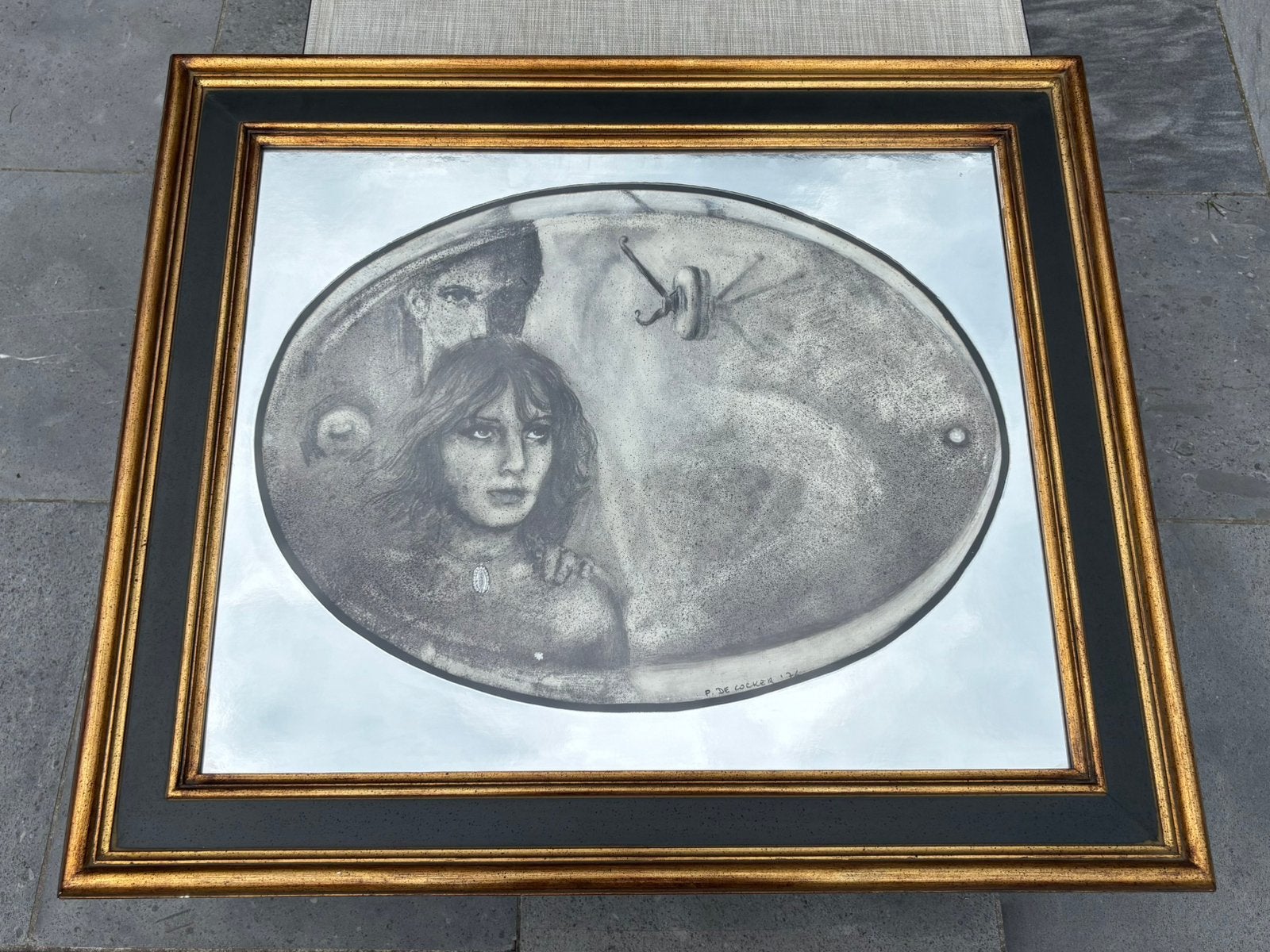 Paul De Cocker (1931-2020)- Zeldzame litho mixed met spiegel, Antiek en Kunst, Ophalen