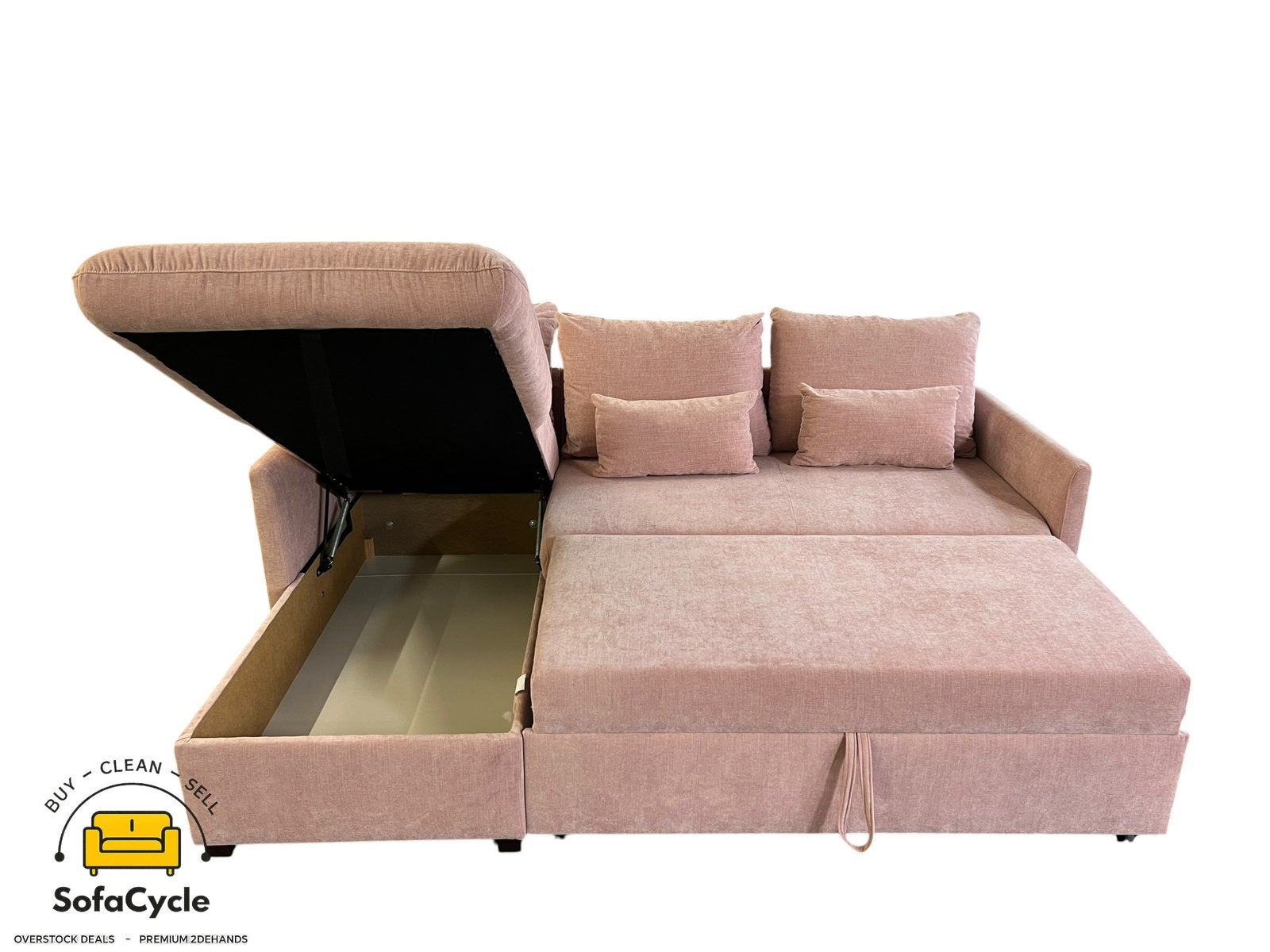 Hoekzetel roze met slaapfunctie en opbergkoffer, – overstock, Antiek en Kunst, Ophalen of Verzenden