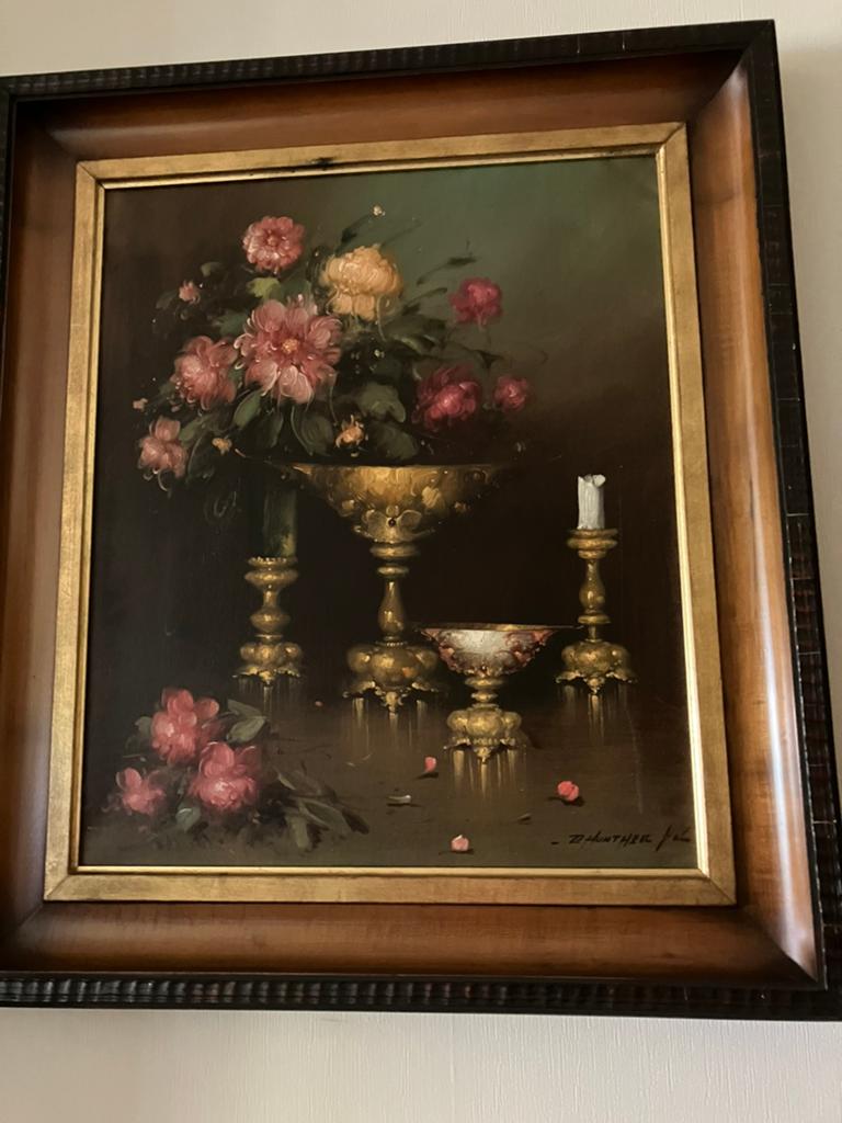 Groot Klassiek Stilleven R. Hunther - Gouden Vazen & Bloemen, Ophalen