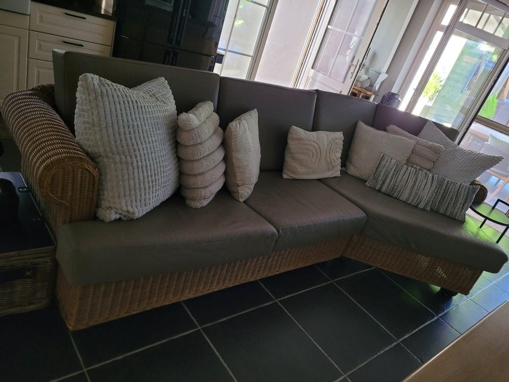 Salon in riet met lederen kussens, Ophalen, Gebruikt, 300 cm of meer, Vierpersoons of meer