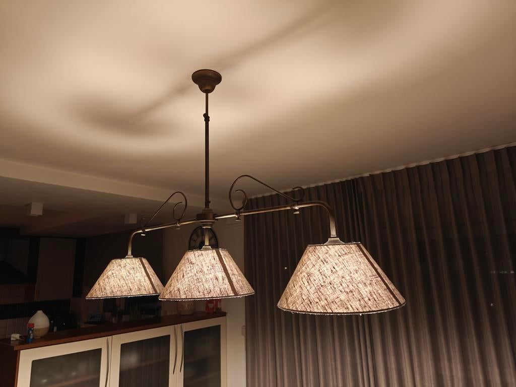 Landelijke Hanglamp 3-Lichts - Brons & Linnen - Verstelbaar, Ophalen, Zo goed als nieuw, Stof, Landelijk