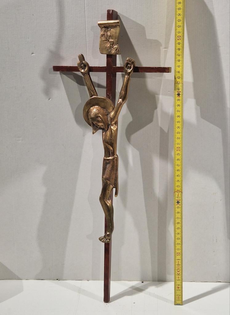 Groot vintage rood koper met goud kleur Christus beeld kruis, Ophalen of Verzenden, Gebruikt, Beeld(je), Christendom | Katholiek