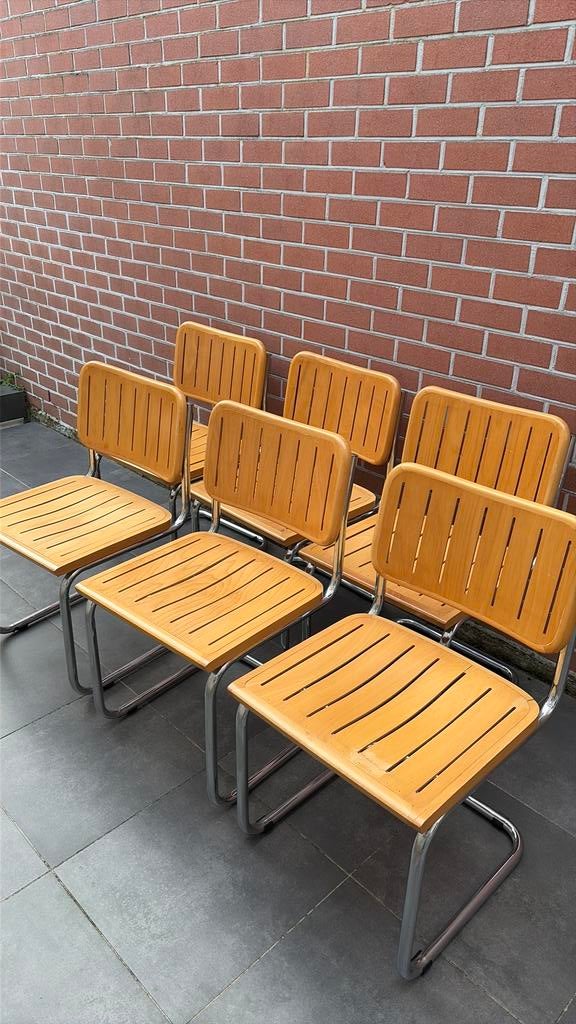 Marcel Breuer-stijl sledestoelen chroom en hout, Ophalen, Gebruikt, Vijf, Zes of meer stoelen, Hout