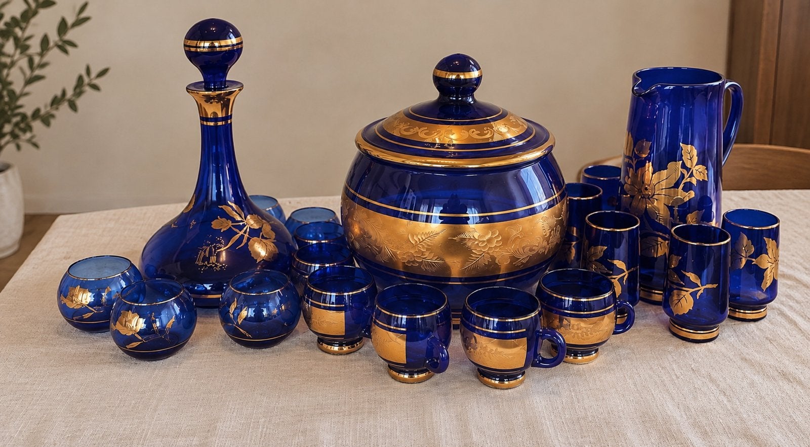 Vintage kobaltblauwe glasset met gouddecoratie, Ophalen