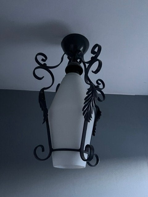 suspension lumineuse en fer forgé, Enlèvement, Utilisé, Verre, Ancien
