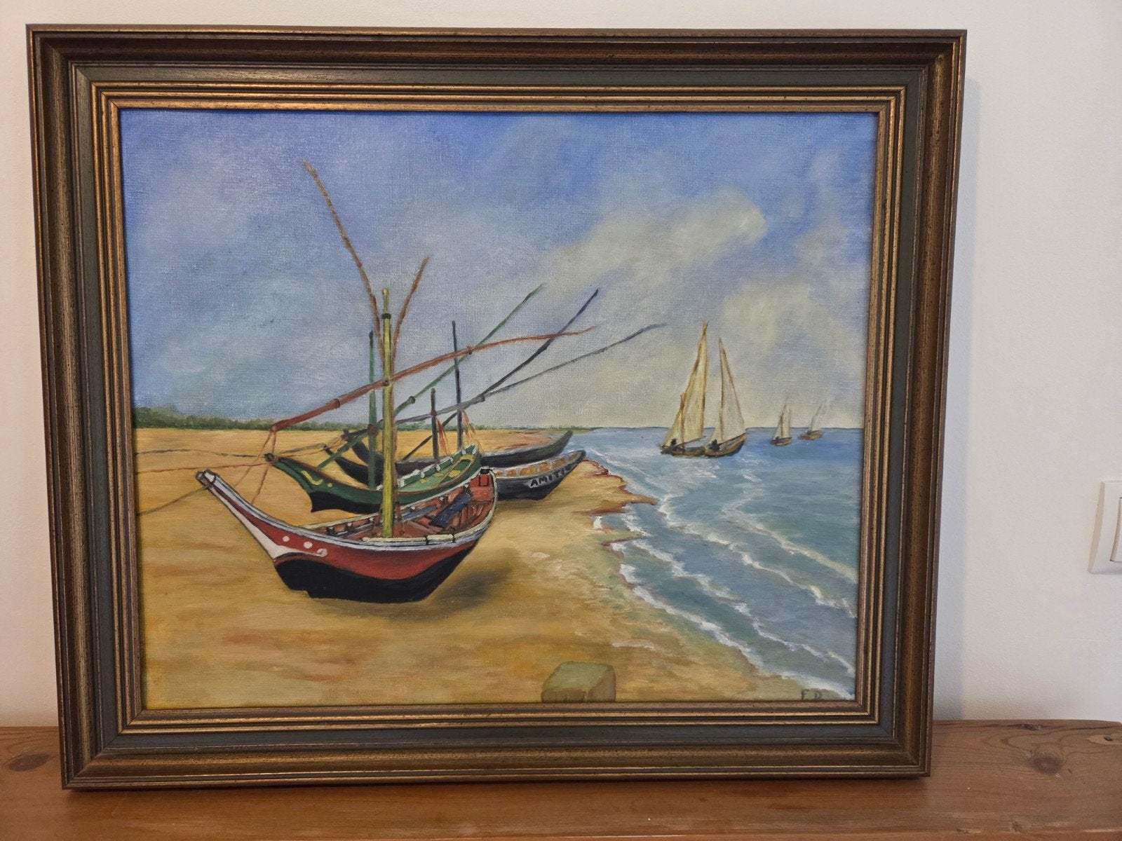 Schilderij naar Van Gogh met boten, Antiek en Kunst, Ophalen, Gesigneerd
