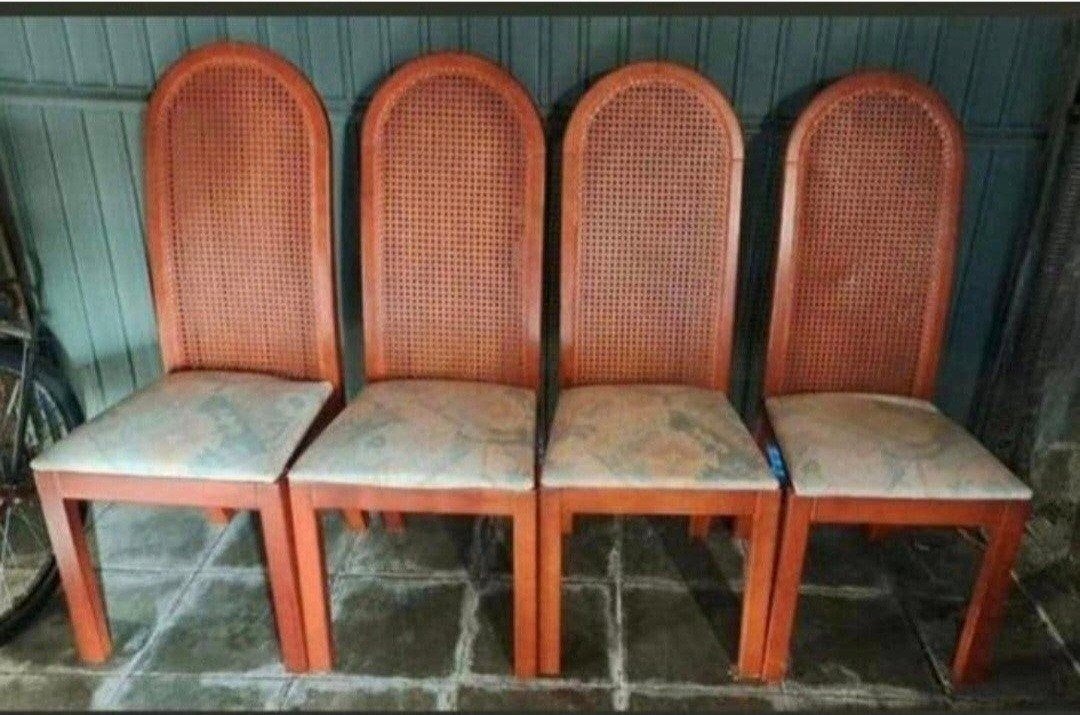 Set van 4 vintage eetkamerstoelen met hoge rotan webbing rug, Ophalen