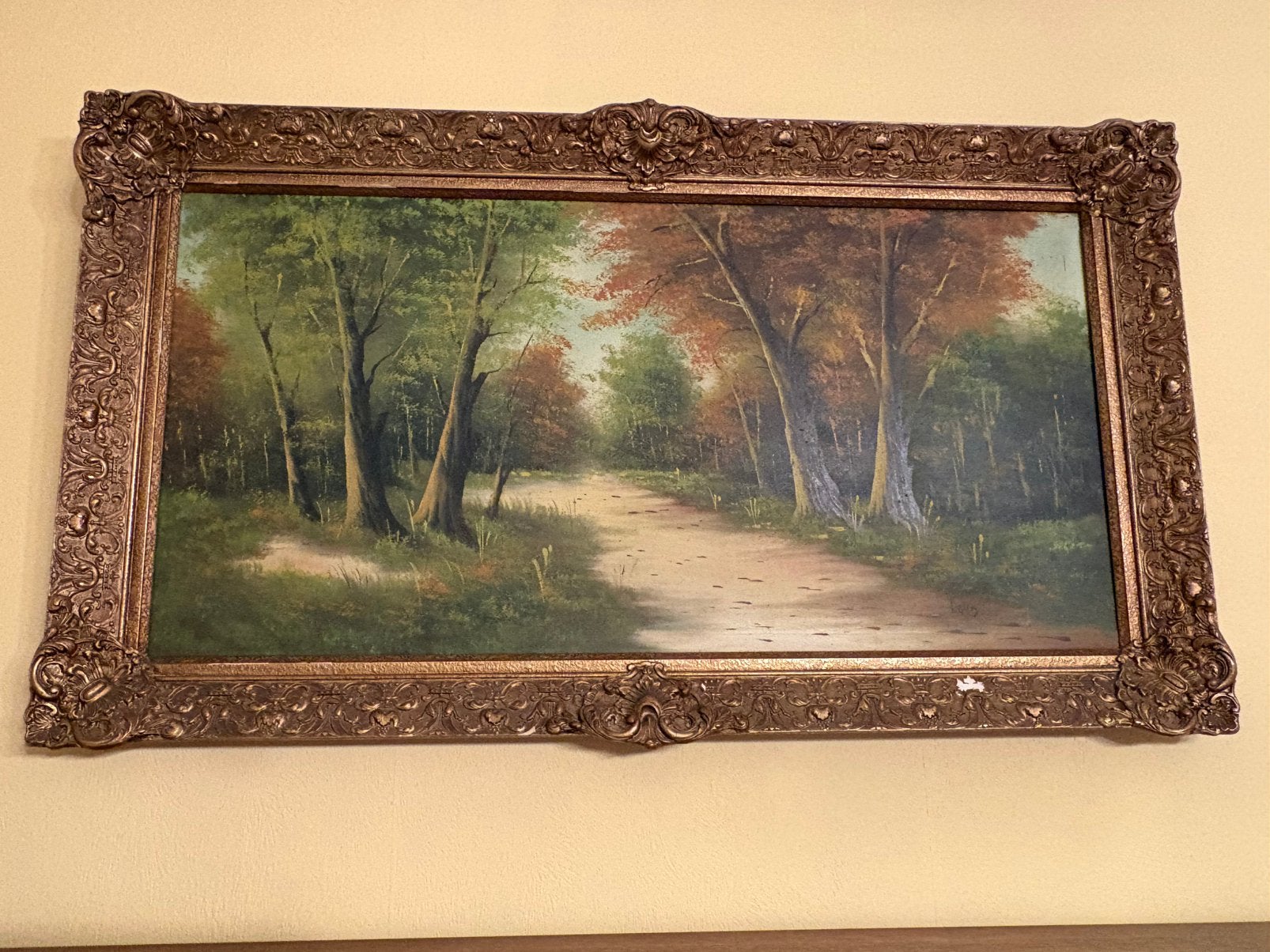 Groot vintage olieverfschilderij boslandschap in sierkader, Ophalen