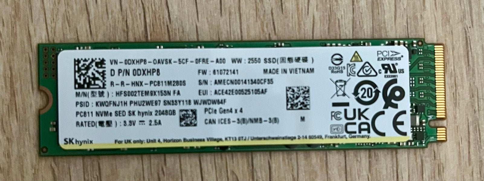 SK hynix PC811 SSD van 2 TB — NVMe PCIe 4.0, Computers en Software, RAM geheugen, Ophalen, Zo goed als nieuw
