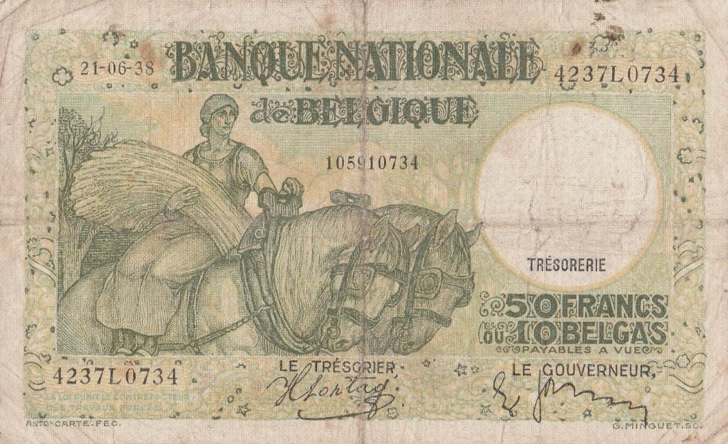 50 Frank/10 Belga 1938 – België, Ophalen of Verzenden, Los biljet
