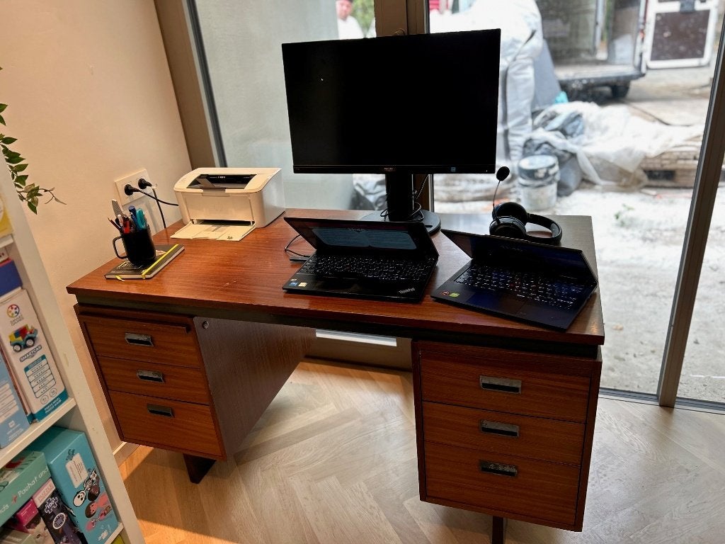 Vintage Planmöbel directiebureau met 6 lades, Huis en Inrichting, Ophalen, Opbergruimte, Gebruikt, Hout