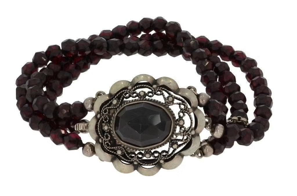 Granaat antieke armband fraai groot slot zilver vintage dame, Ophalen of Verzenden, Zilver, Armband, Met edelsteen