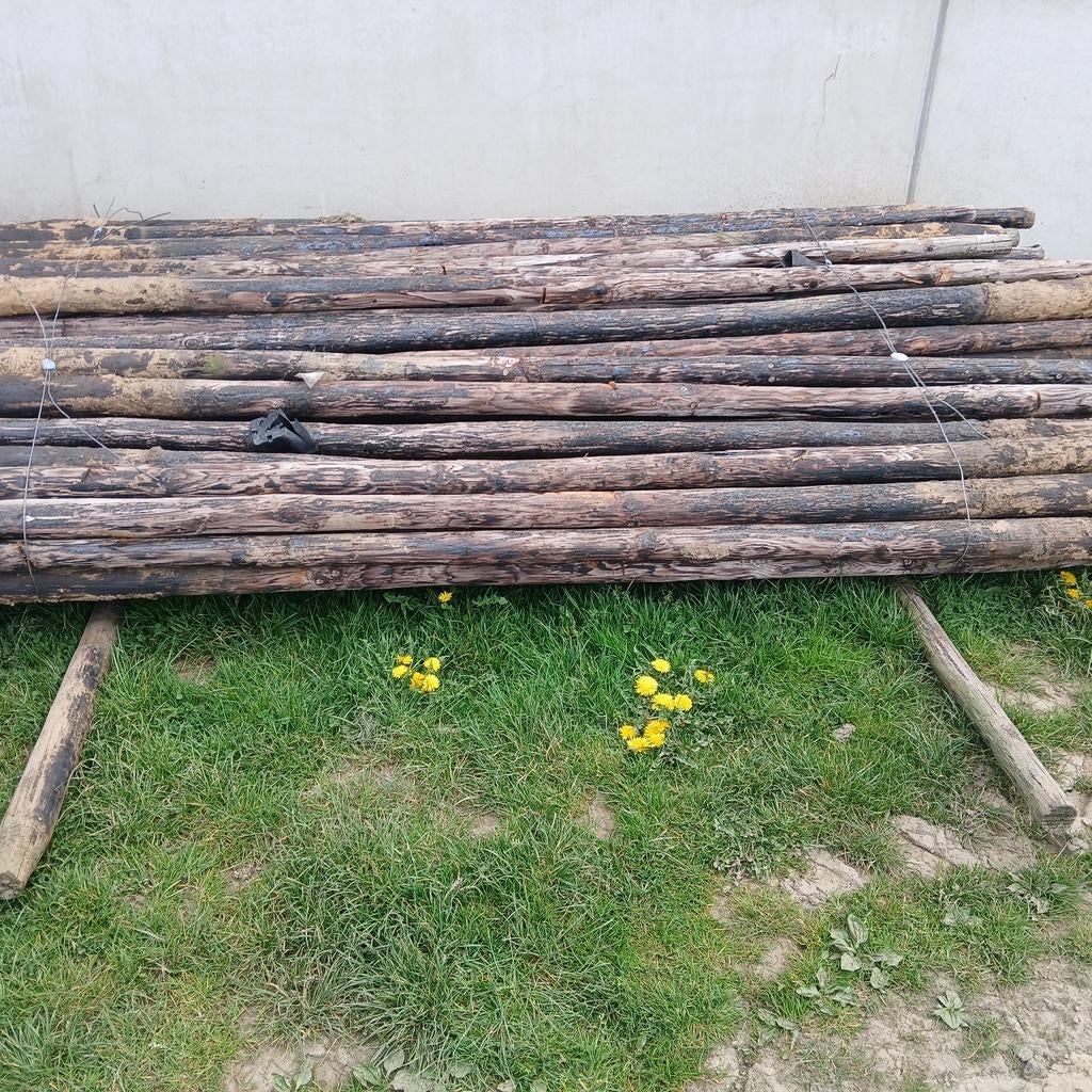 Houten fruitboompalen 3,5 meter lang en gem. 8 tot 10 cm dik, Tuin en Terras, Palen, Balken en Planken, Ophalen, Gebruikt, 250 cm of meer