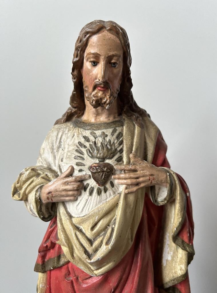 Oud Beeld : Heilig Hart - 41cm - Gips, Antiek en Kunst, Antiek | Religieuze voorwerpen, Ophalen of Verzenden