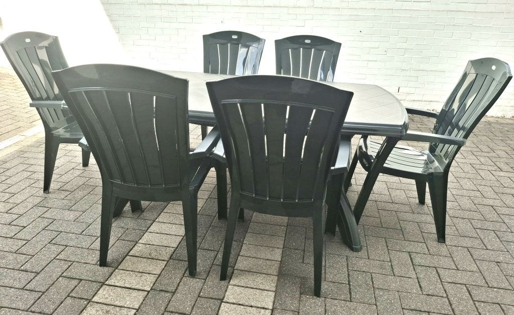 Set de jardin - table + 6 chaises - vert foncé, Table à dinner, Salons de jardin, Comme neuf, Synthétique