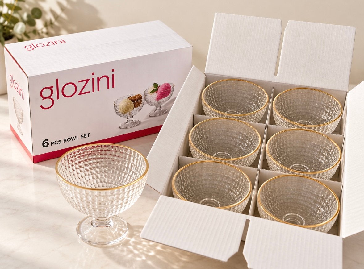 Glozini – Lot de 6 bols en verre avec bord doré – Neufs, Collections, Envoi, Neuf, Autres types