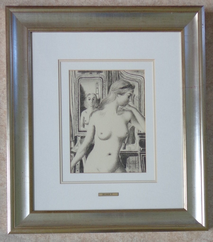 PAUL DELVAUX / LE REFLET / ZW-W LITHO / 67x59cm / KADER, Antiek en Kunst, Ophalen of Verzenden