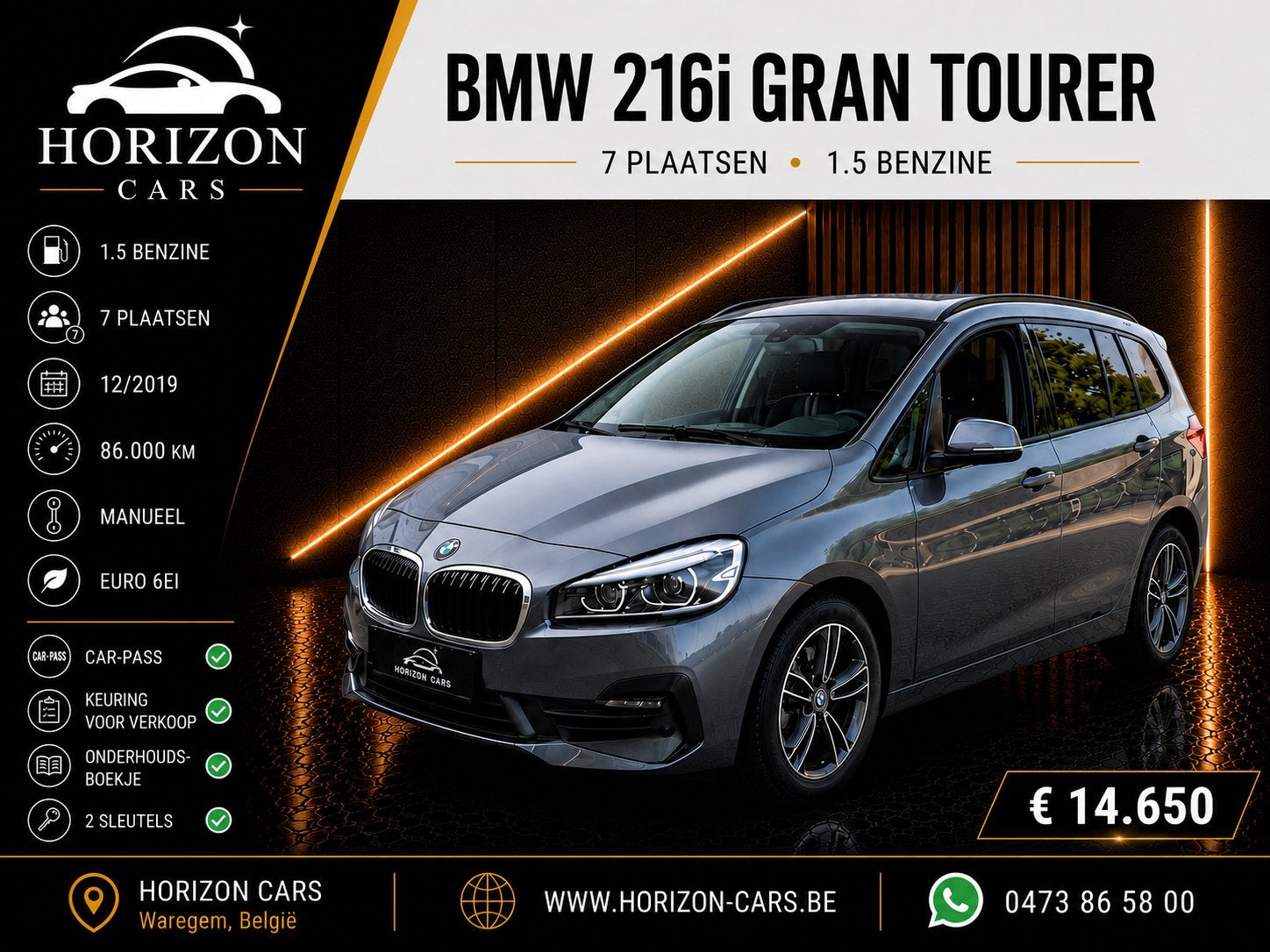 Bmw 216i 1.5 Benzine 'Gran Tourer' 7 plaatsen + Garantie, Autos, BMW, Entreprise, Achat, Série 2 Gran Tourer, ABS, Caméra de recul