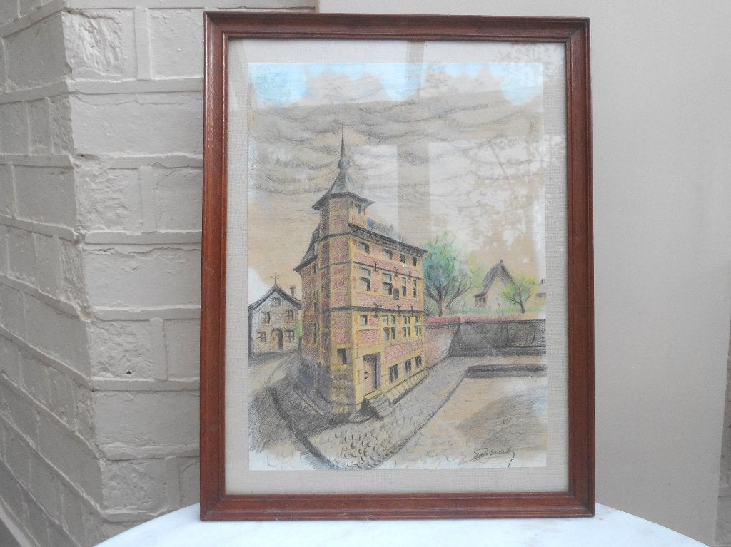 cadre ancien en bois 43 x 34 cm avec dessin signé, Enlèvement, Utilisé, Bois