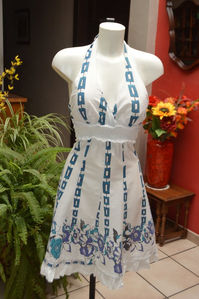 Witte halterjurk met bloemen S In zeer goede staat!, Kleding | Dames, Jurken, Wit, Ophalen of Verzenden, Zo goed als nieuw, Knielengte