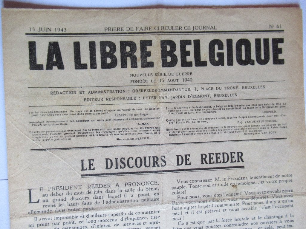 WW 2 Libre Belgique 15 juin 1943, Enlèvement ou Envoi, Autres, Autres types