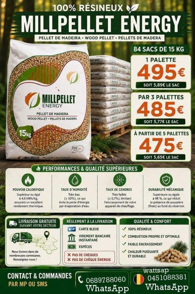Palettes de Pellets 100 % résineux. Paiement à la livraison, 6 m³ ou plus, Envoi, Autres essences de bois, Bûches