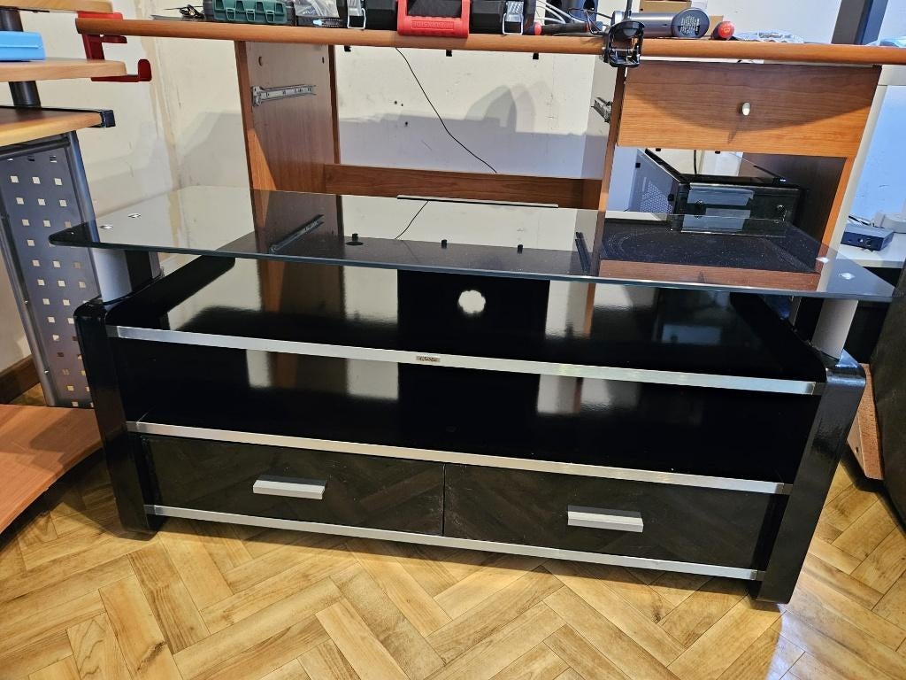 Meuble TV Design Noir Laqué - Plateau Verre Trempé, 25 à 50 cm, Design/modern, Moins de 100 cm, Comme neuf