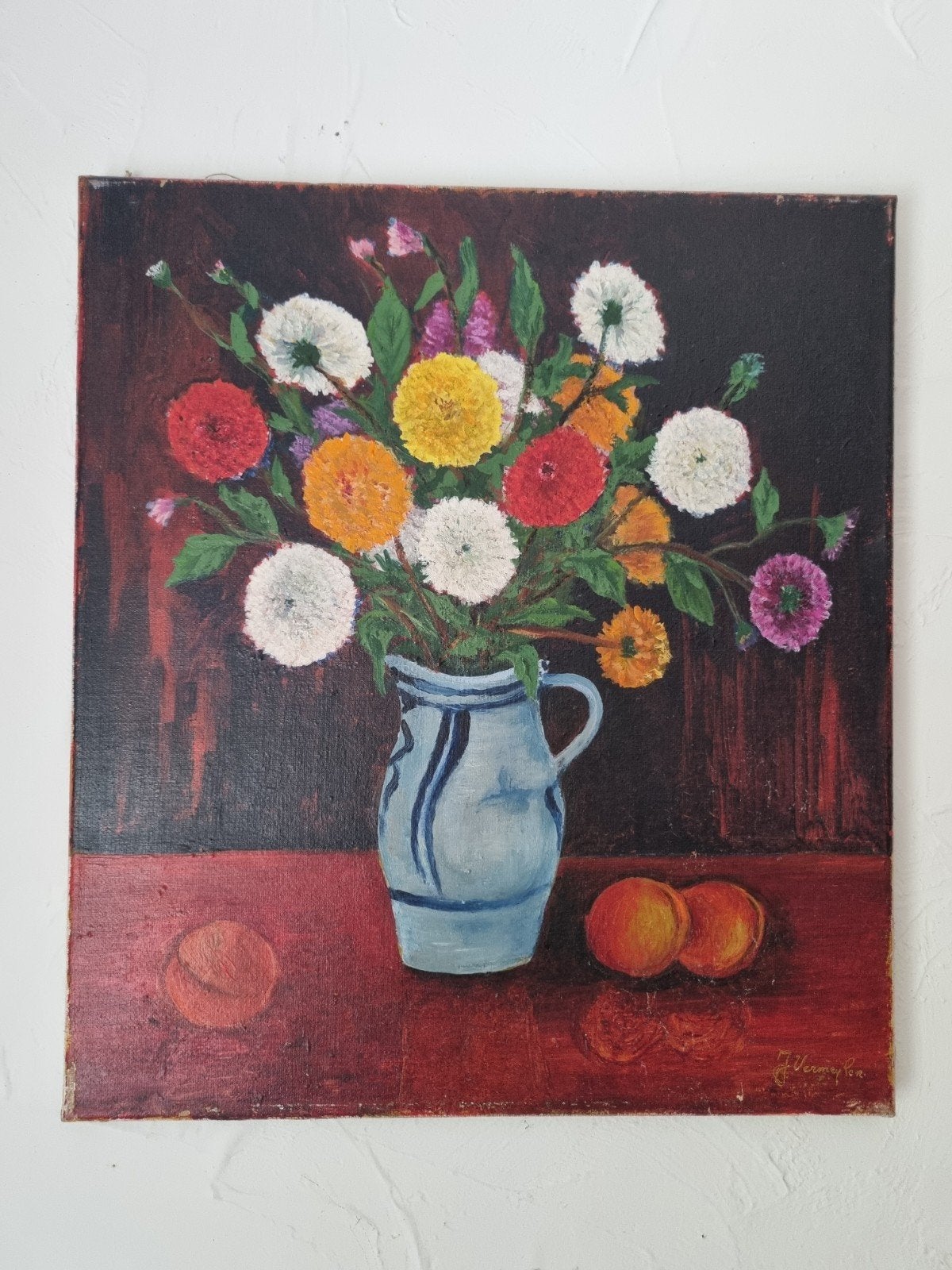 Peinture à l'huile Fleurs '50 '60 J. Vermeylen 40 x 45cm, Enlèvement ou Envoi, Signé, Fleurs, Toile