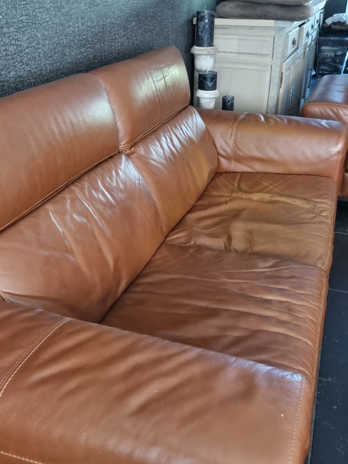 lederen salon met gebruikssporen, Ophalen, Gebruikt, Rechte bank, Leer