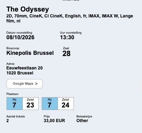 2x ticket The odyssey 70mm IMAX BRU donderdag 08/10 13u30, Deux personnes