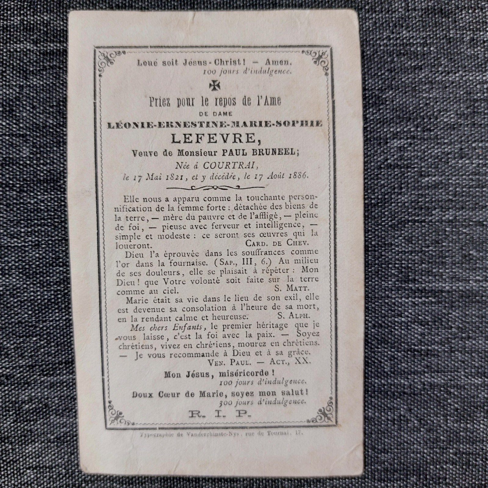 Bidprentje Kortrijk 1821-1886, Ophalen of Verzenden, Bidprentje