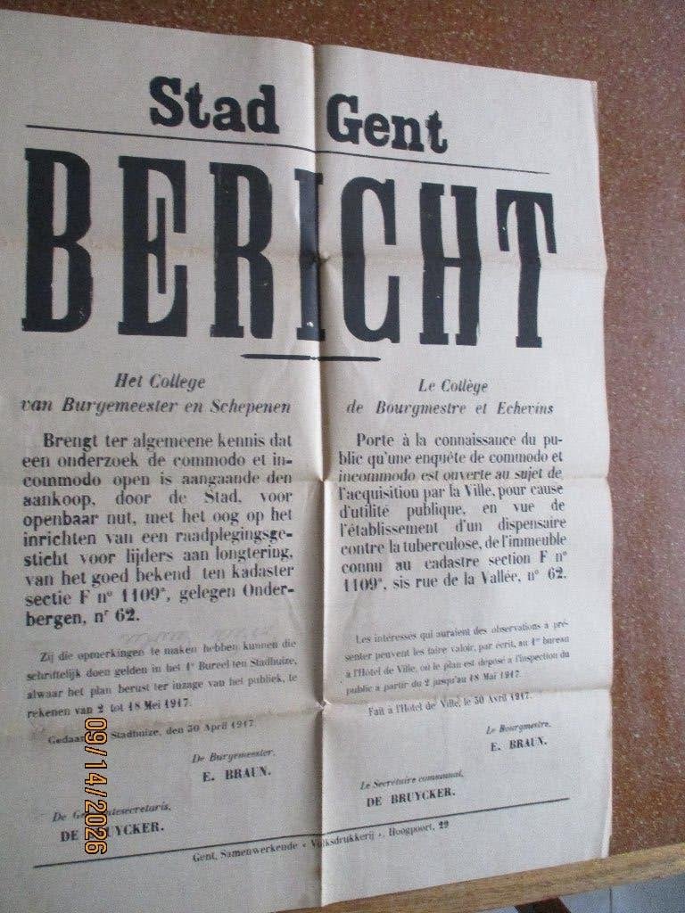 WO1: Duitse affiche  Bouw kliniek teringlijders. Gent, Ophalen of Verzenden