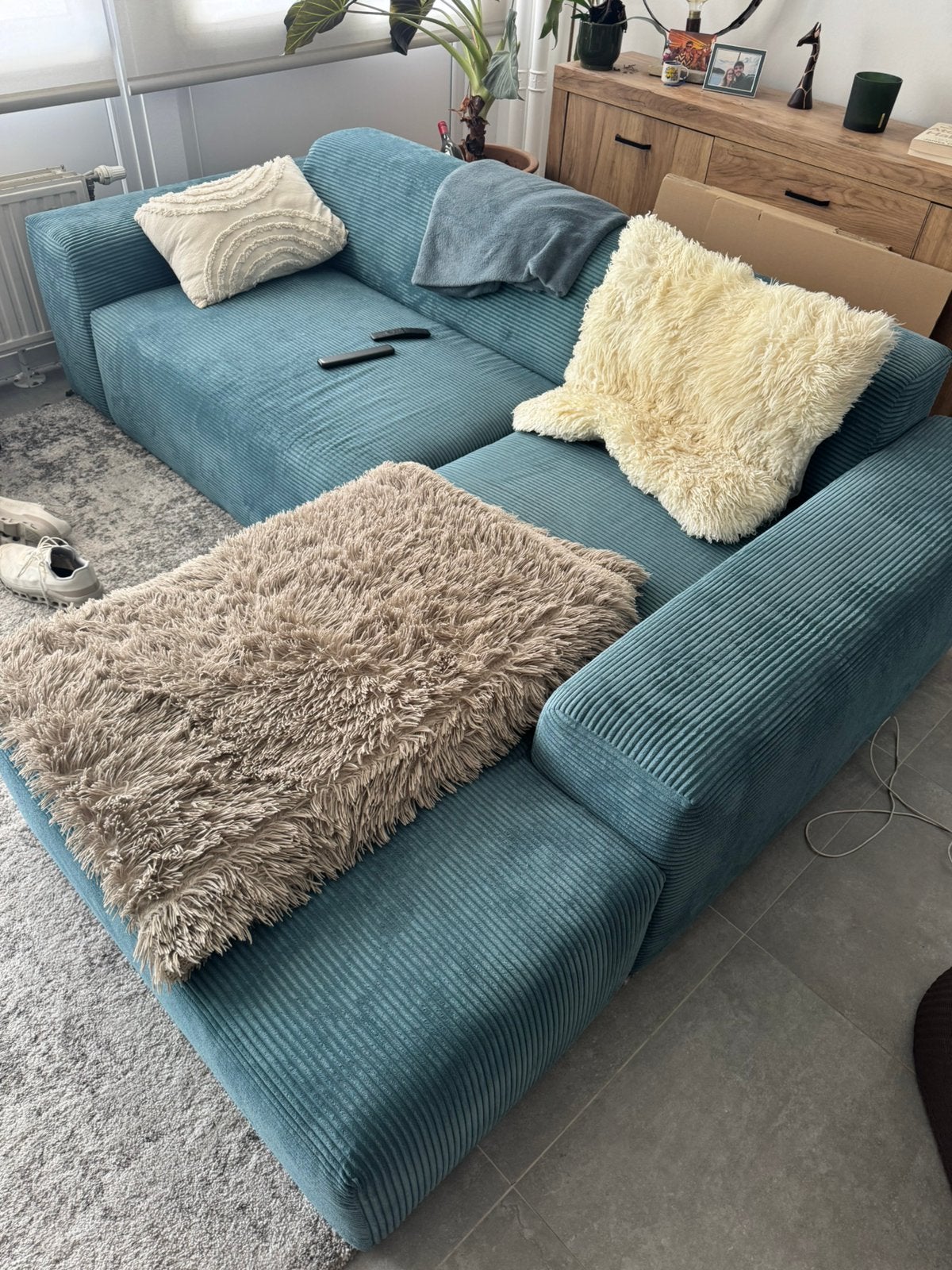 Moderne hoekzetel in blauwe ribstof (corduroy), comfortabel, Ophalen, Zo goed als nieuw, Stof