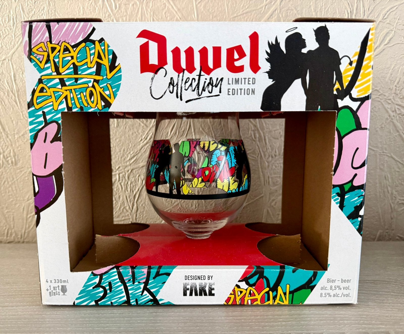 Duvel glas Fake (USA) in box (leeg), Verzamelen, Ophalen, Zo goed als nieuw, Flesje(s), Duvel