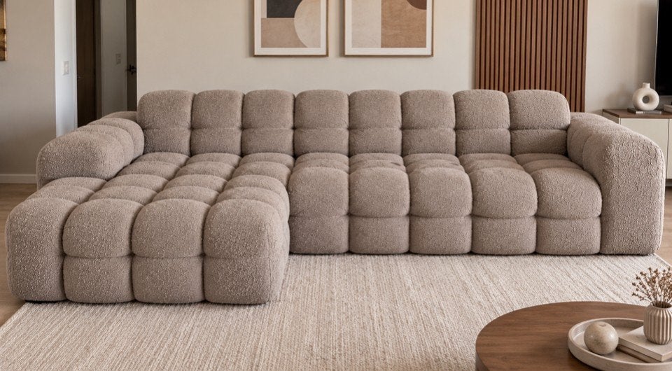 Canapé d’angle panoramique modulable style Cloud – tissu bou, Autres dimensions, 250 à 300 cm, Comme neuf, Contemporain