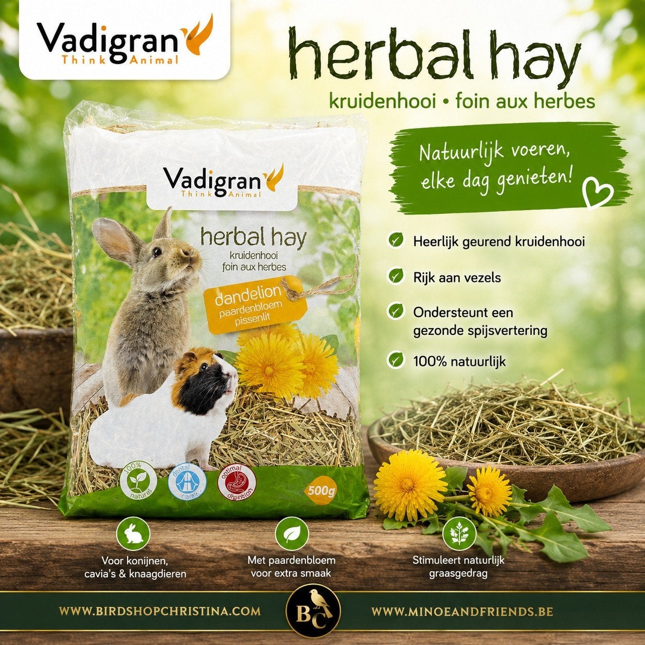 Kruidenhooi paardenbloem 500 gram - Herbal Hay Vadigran, Dieren en Toebehoren, Dierenvoeding, Ophalen