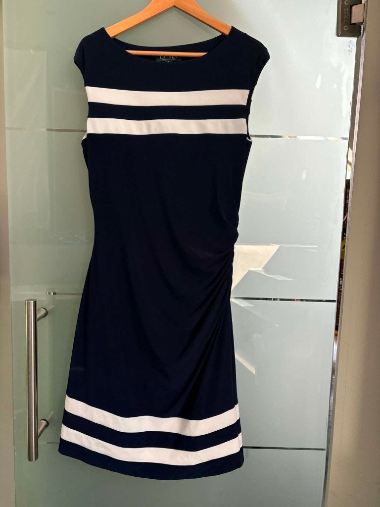 Klassieke Donkerblauwe Lauren Ralph Lauren Jersey Jurk, Blauw, Maat 42/44 (L), Ophalen of Verzenden, Zo goed als nieuw