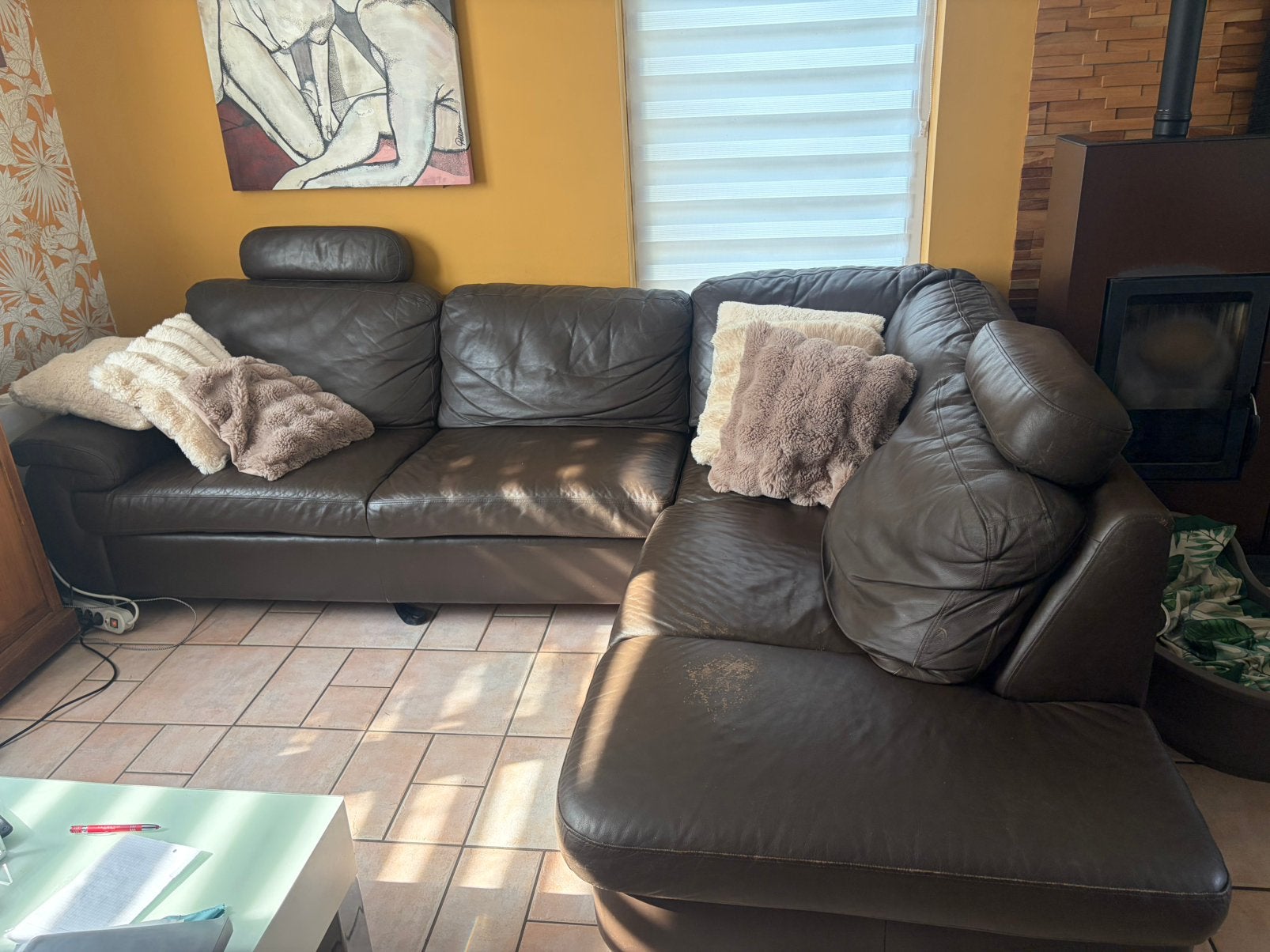 Divan lit d’angle en cuir marron, Enlèvement, Utilisé, Cuir