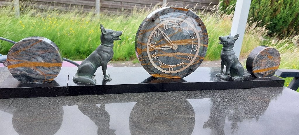 Set de cheminée horloge chiens berger marbre veiné + pièces, Enlèvement