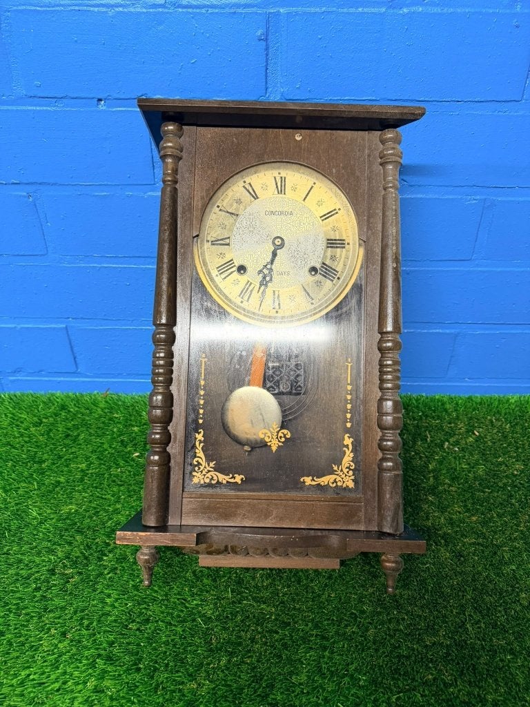 Vintage Concordia slingerklok met houten kast en glazen deur, Ophalen
