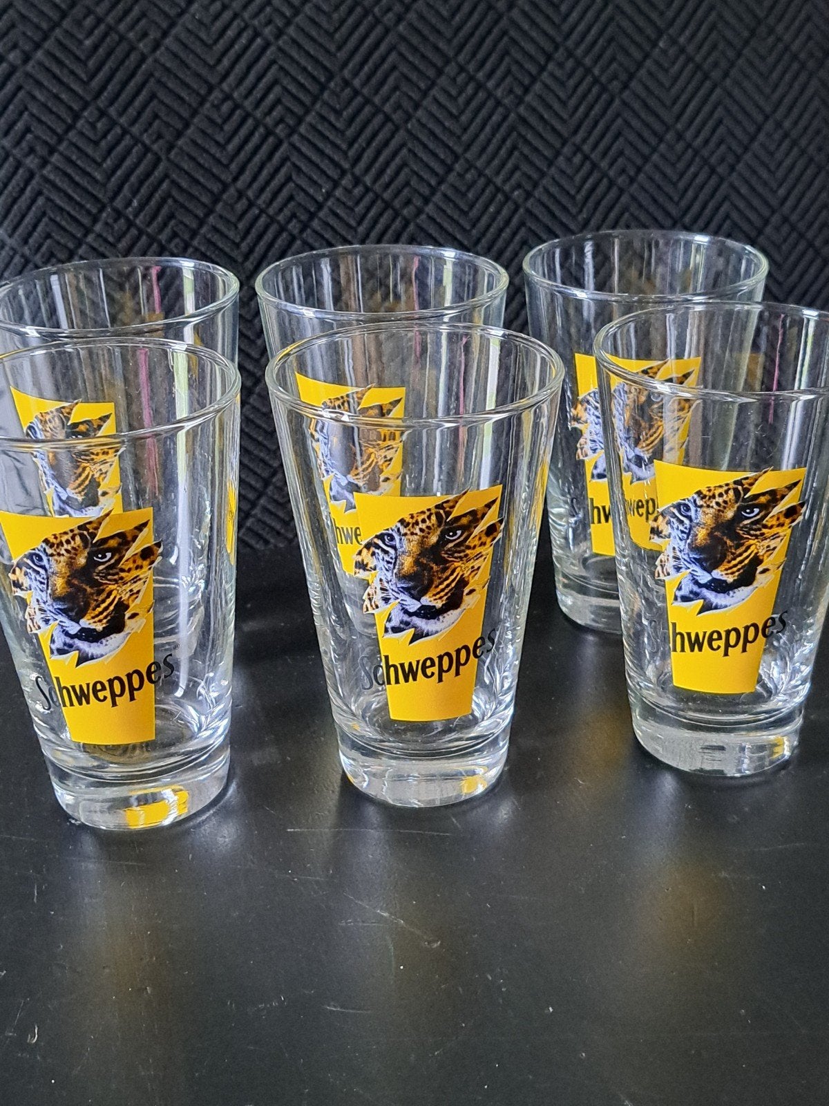 Lot de 6 verres vintage Schweppes motif tigre/panthère, Enlèvement ou Envoi