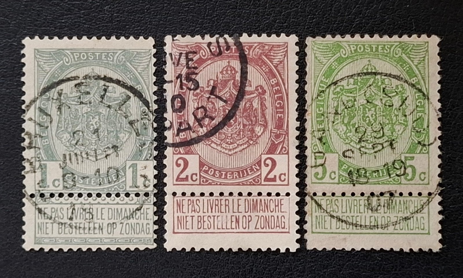 Belgique : COB 81/83 (●) Armoiries 1907., Avec timbre, Enlèvement ou Envoi, Sans gomme, Affranchi