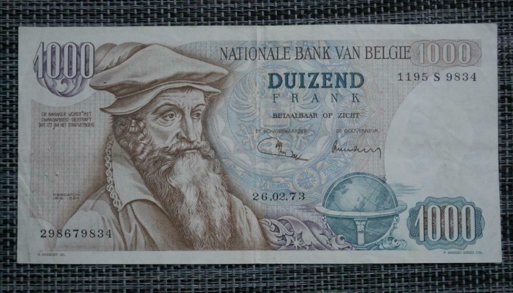 Bankbiljet 1000 Frank België 26.02.73, Ophalen of Verzenden, Setje
