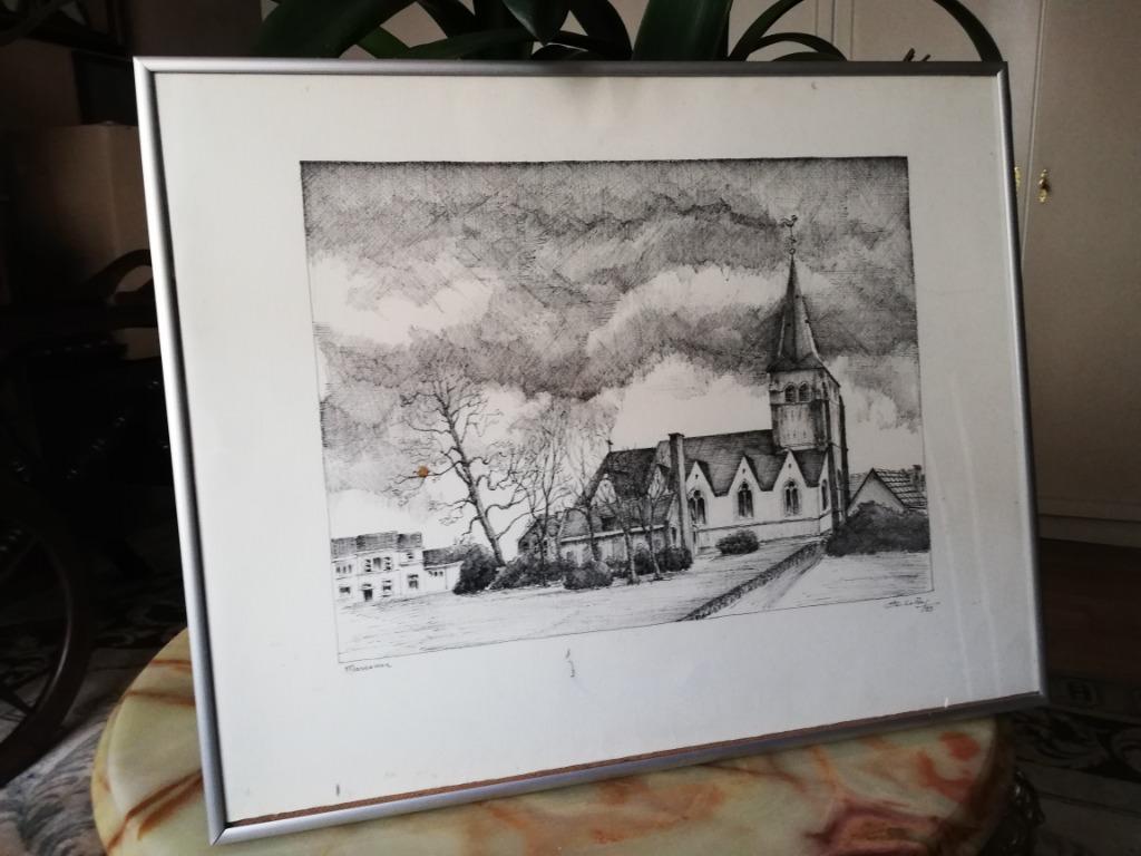 * A Leroy, dessin à la plume 'Église de Massemen', Enlèvement ou Envoi