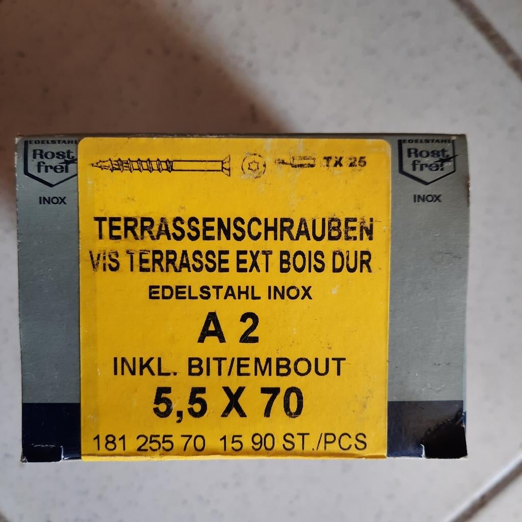 Terrasschroeven in inox ( roestvrij ) . 5,5 x 70 met bits !, 50 tot 100 mm, Schroeven, Nieuw, Ophalen of Verzenden