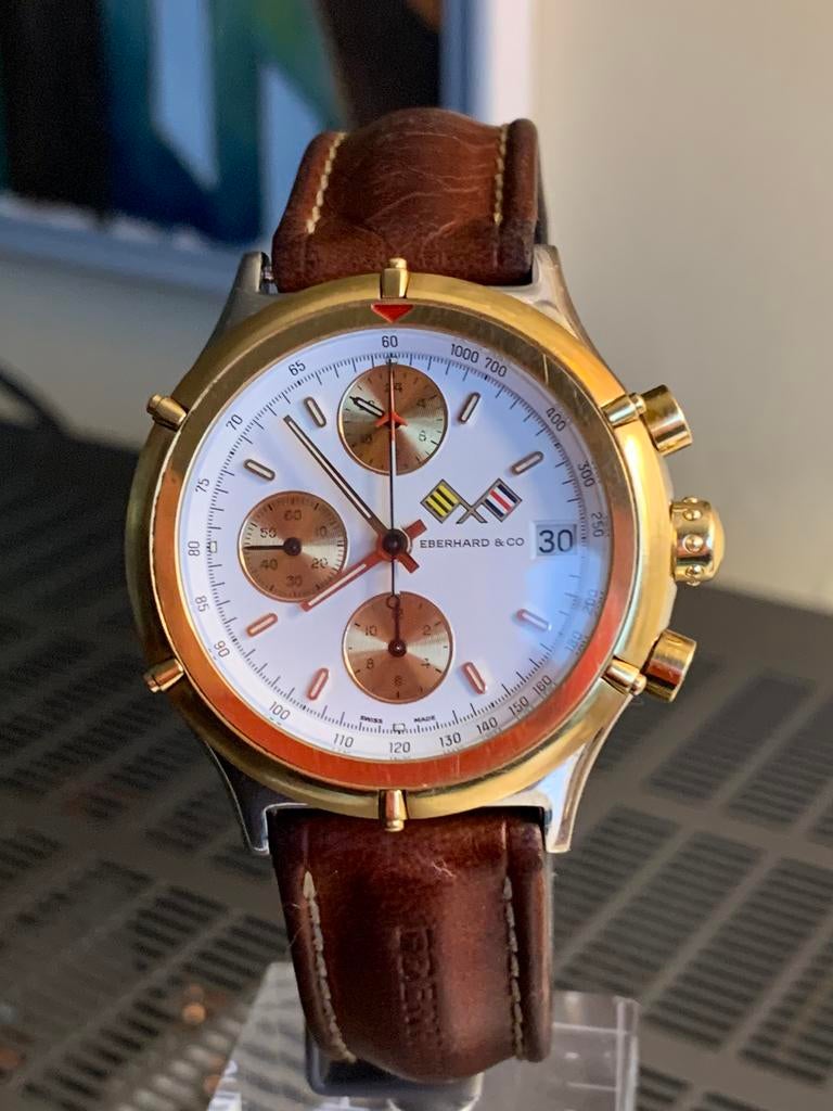 Chrono Eberhard Grande Crosière als nieuw, Leer, Staal, Polshorloge, Zo goed als nieuw